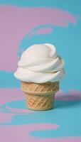 White ice cream cone against colorful backdrop blue pink photo