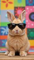 Colorful backdrop features a chic rabbit donning shades photo