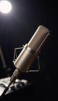 Closeup shot of microphone in recording studio setting photo