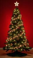 A festive holiday scene featuring golden and silver Christmas lights illuminating a red backdrop adorned with a tree and bright decorations for a Merry Xmas greeting message perfect as an elegant photo
