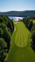 Topdown perspective of a lush picturesque summertime golf course setting photo