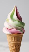 A watercolor depiction of a vibrant gelato in a cone against a simple white backdrop Gelato Watercolor Style photo