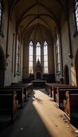 A decrepit church adorned by stainedglass windows and empty pews photo