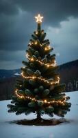 Dramatic winter scene featuring a Christmas tree adorned with twirling lights against a stormy backdrop photo