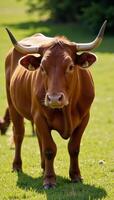 A detailed portrait featuring an Angus cow with distinctive features face horns and life stage calfsteerbull in a pastoral setting created using advanced technology photo