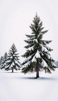 A line of solitary snowy pines stands amidst a tranquil winterscape photo