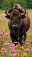 Buffalo in flowerfilled field photo