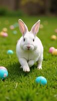 White rabbit sprinting through a colorful Easter eggstrewn meadow photo