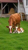 Farmthemed cartoon depicting a cow and calf grazing in a field with nearby barn ladder and haystack photo