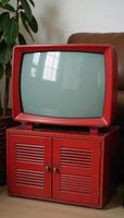 Living Room Scene Red Vintage Television Set on Couch with Plant Backdrop Retro photo