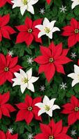 A cheerful festive blend of poinsettias lilies lush greenery and sparkling decorations in a seamless pattern photo