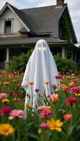 Ghostly figure amidst flower field near an old home photo