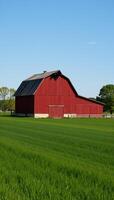 Closeup of a lush countryside scene featuring a double exposure of a vibrant red barn against verdant green fields set beneath a clear blue sky photo