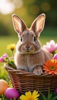 A digital illustration portraying an adorable Easter Bunny carrying a bouquet of blooming flowers photo