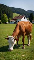A peaceful idyllic scene Brownandwhite cow grazes peacefully near a home in a lush field photo
