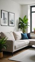 Modern living room featuring chic spacious seating area with accents of lush greenery photo