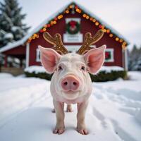 A playful pig dons reindeer antlers before a frosty festive barn with Christmas decor photo