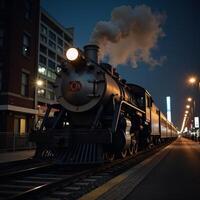 Train journeys through cityscape at night on tracks photo