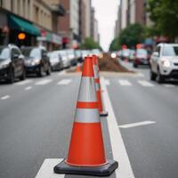 Orange traffic cones mark a bustling scene of street workinprogress with a blurred backdrop of ongoing construction photo