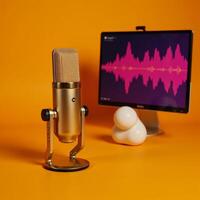 Golden mic and pop filter set up against sound waves on vivid orange backdrop professional recording setup photo