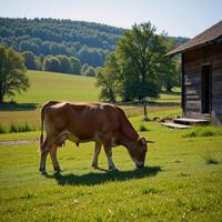 A peaceful idyllic scene Brownandwhite cow grazes peacefully near a home in a lush field photo