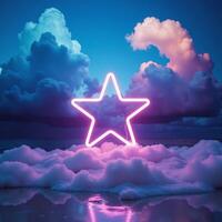 A vibrant futuristic wallpaper featuring a neonlit abstract minimalist background with a glowing star and a tumultuous colorful cloudstorm of cumulus clouds photo