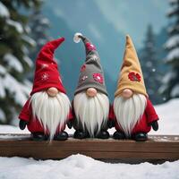 Gathered Christmas gnomes wear colorful pointed hats amidst a joyous snowy winter setting photo