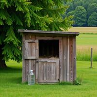 A rustic wooden calf hutch filled with fresh hay and water is situated amidst a lush green pasture bordered by mature vegetation photo