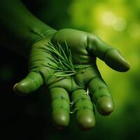 Mother Nature depicted as hand covered in grass within an ecofriendly Gaia concept image photo
