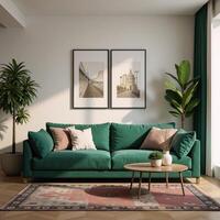 A 3D rendering showcasing a stylish home interior featuring a green sofa table and decor in a modern living space photo