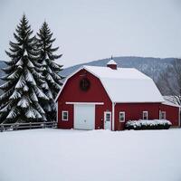 Wintery rustic barn scene embellished with holiday decorations amidst snowcovered pine trees rolling hills photo