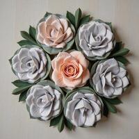 A detailed floralthemed drawing featuring a captivating arrangement of roses in soft shades of gray and peach photo