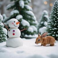 Whimsical winter wonderland illustration featuring snowman deer and rabbits photo