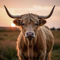 A serene highland cow gazes peacefully with sweeping horns bathed in soft sunset tones photo
