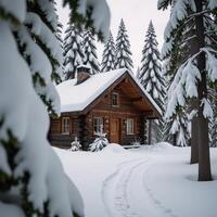 Snowy cabin nestled amidst a wintry forest landscape photo