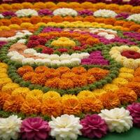 A detailed closeup image showcasing a traditional Onam Pookalam floral carpet photo