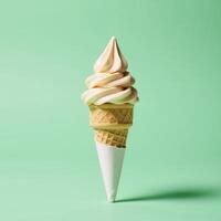 Pastelgreen backdrop featuring a solitary ice cream cone centrally placed photo