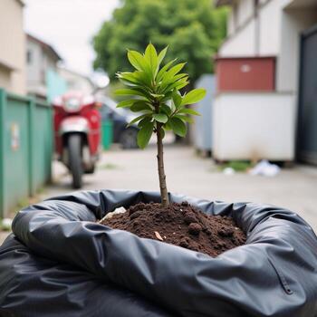A small tree sprouts from a mound of trash in its backdrop photo