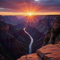 Photorealistic depiction of Grand Canyon at sunset with vibrant colors and vast panorama photo