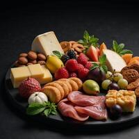 Artful arrangement of assorted cheeses meats fruits and snacks displayed elegantly on a dark background photo