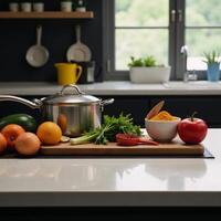 Modern kitchen island setup with culinary tools showcasing cooking knowhow and instructional appeal photo