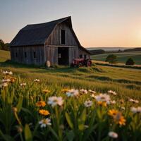 Lofistyle image Old rustic barn amidst countryside fields wildflowers with vintage tractor near sunset photo