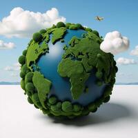 Intricate 3D illustration showcases a globeshaped rainforest with continent continents represented by lakes and cloudy skies filled with a distant plane flying over photo