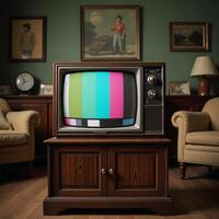 A vintagestyle television displaying color bars within a warm retro living room setting photo
