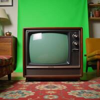 A vintage television set is featured against the backdrop of a cozy retro living room showcasing a vibrant green screen effect photo