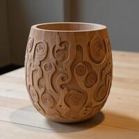 Woodcarved abstract model showcases intricate designs with detailed illustrations photo