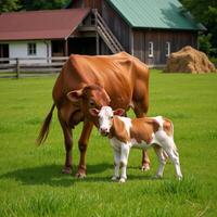 Farmthemed cartoon depicting a cow and calf grazing in a field with nearby barn ladder and haystack photo