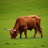 A lone imposing Highland cow grazes in a verdant pasture photo