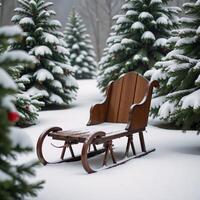 A vintage wooden sleigh amidst snowy evergreens with red berries in a wintry scene photo