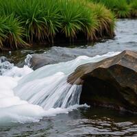 A closeup of a cascading water stream with nearby rocks and surrounding lush greenery photo